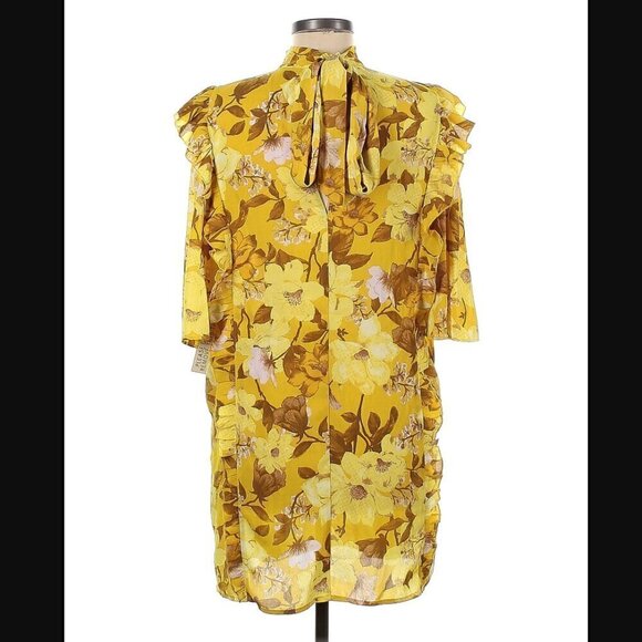 Happy x Nature Shift Dress Yellow Floral Ruffles Pockets Tie Neck NWT Women's M - Picture 2 of 10